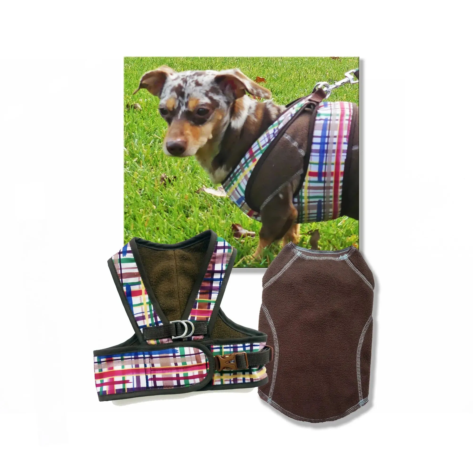 2 PC SET Step Easy Harness and Sweater Forest Plaid | 3 to 20 LBS