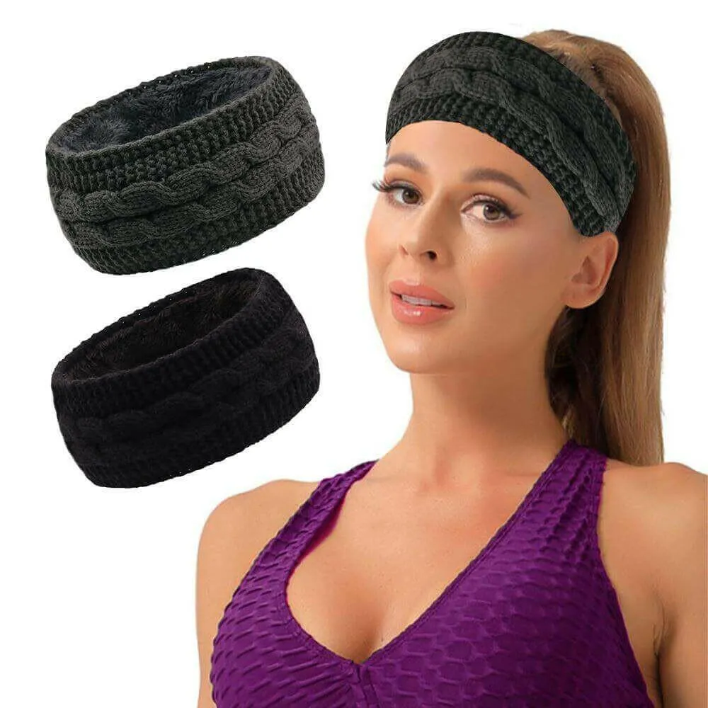 2 Pcs Winter Ears Warmer Headbands Women Cable Thick Knit Fuzzy Fleece