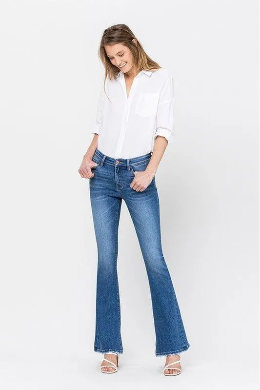 34 Inch Mid Rise Flare Denim Jeans