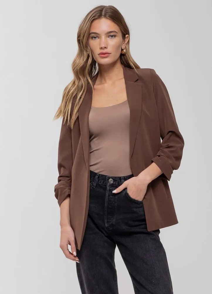 3/4 Ruched Sleeve Blazer in Brown by Blu Pepper