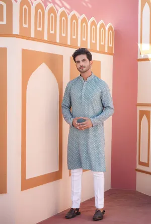 Aqua Green Full Stitched Men Kurta with Heavy Foil Print and Embroidery Work