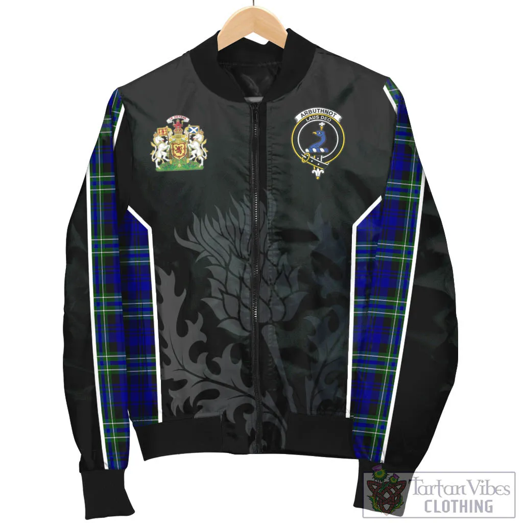 Arbuthnot Modern Tartan Bomber Jacket with Family Crest and Scottish Thistle Vibes Sport Style