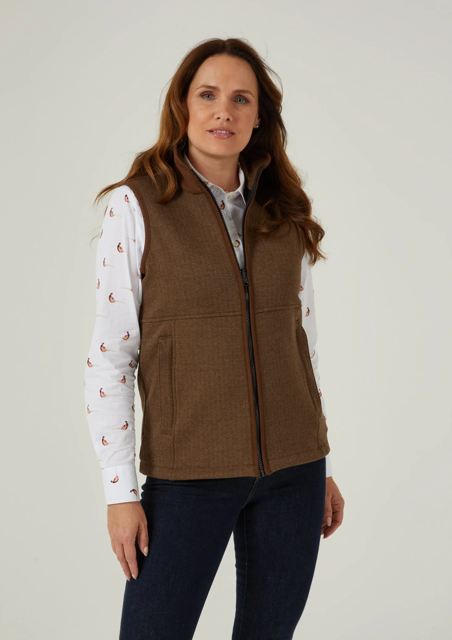 Aylsham Ladies Fleece Gilet In Brown Herringbone - Regular Fit