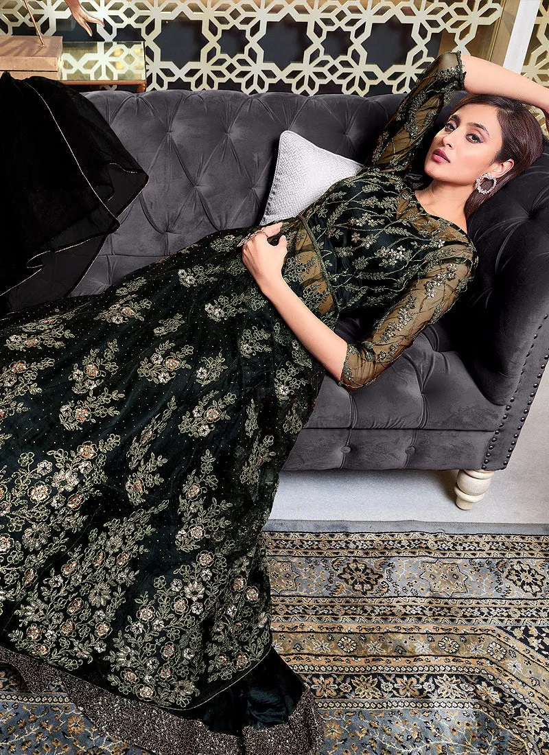 Black Embroidered Flared Anarkali Lehenga Suit