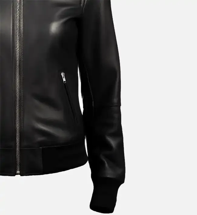 Black Leather Bomber Jacket For Women