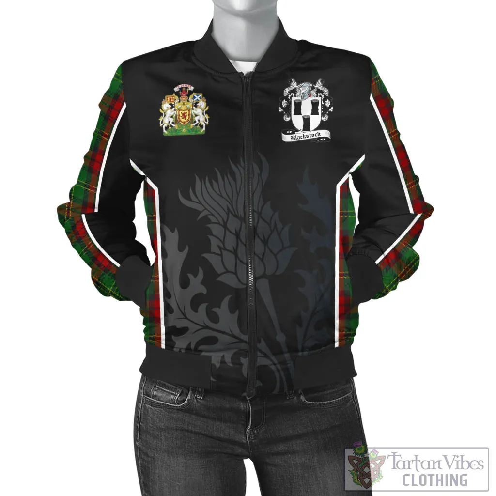 Blackstock Hunting Tartan Bomber Jacket with Family Crest and Scottish Thistle Vibes Sport Style