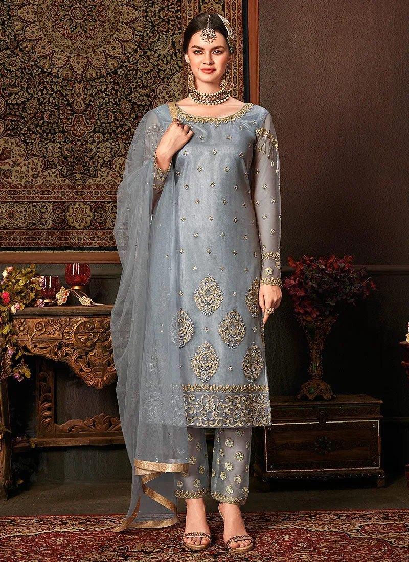 Blue Embroidered Pakistani Pants Suit