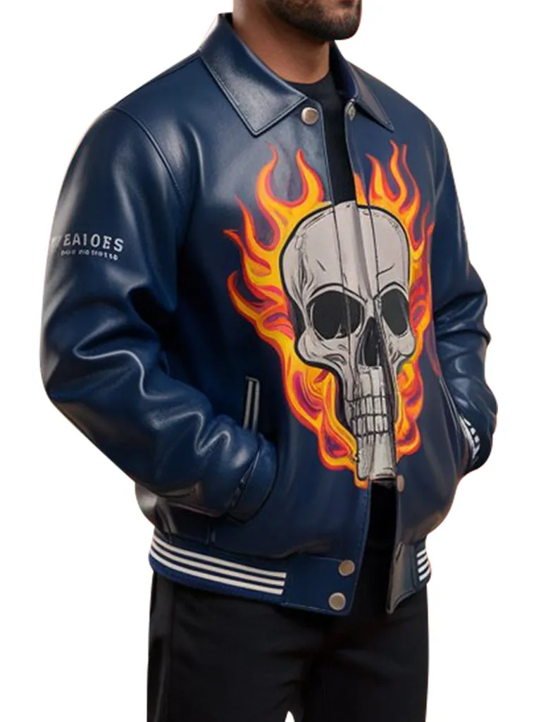 Bold Navy Flaming Skull Leather Jacket