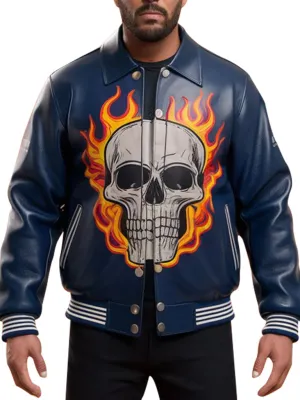 Bold Navy Flaming Skull Leather Jacket