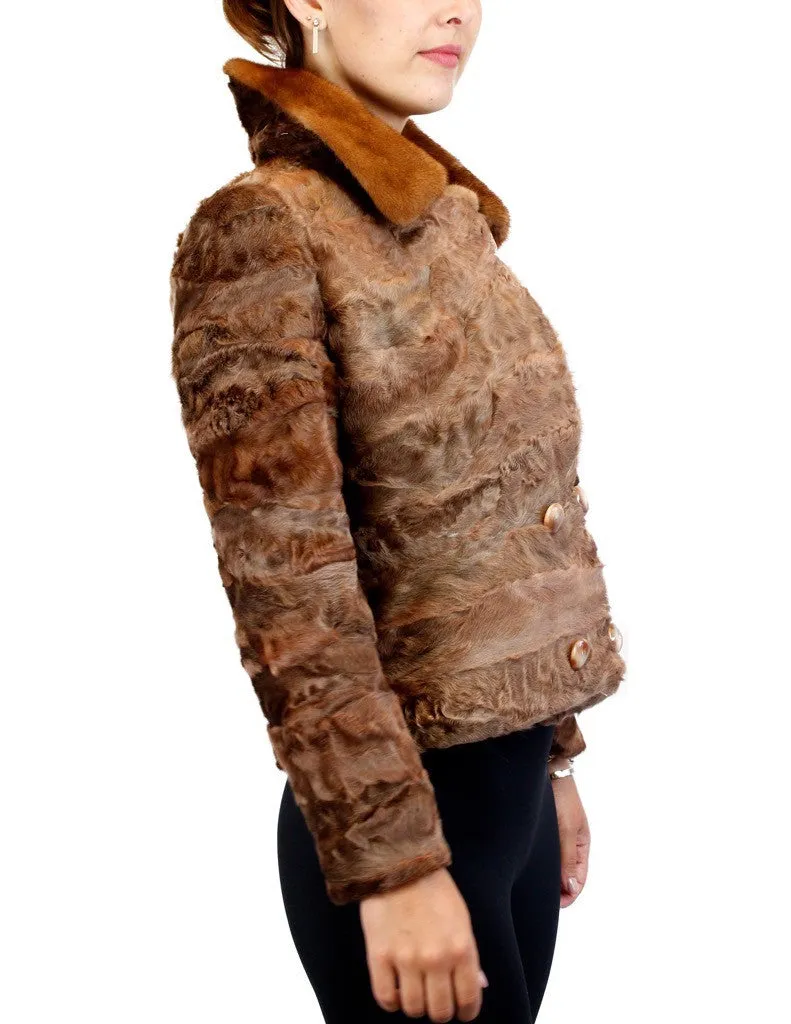 BROWN DYED BROADTAIL SECTIONS FITTED DOUBLE-BREASTED JACKET W/ WHISKEY MINK FUR COLLAR