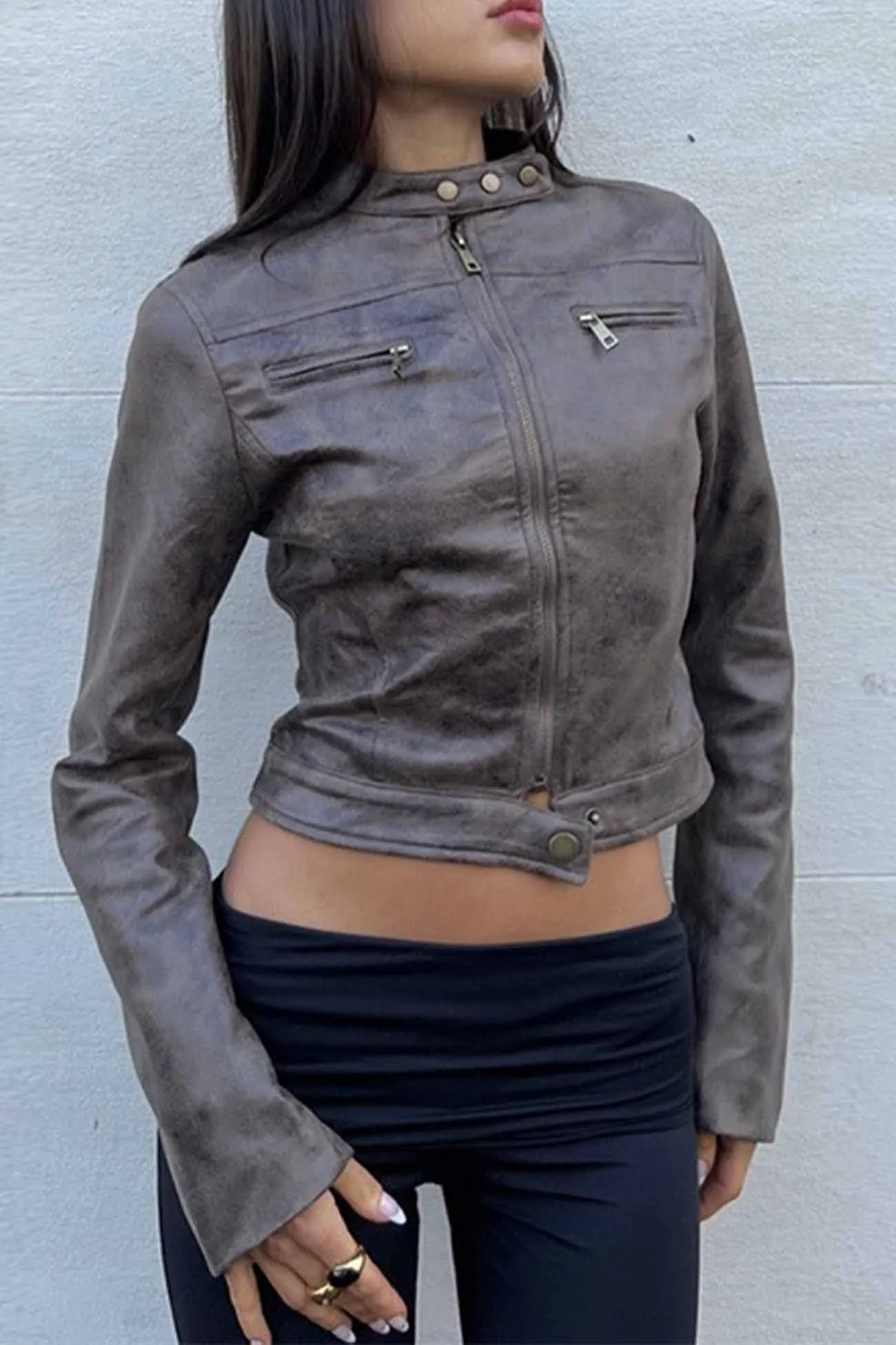 Brown Suede Cropped Stand Collar Jacket