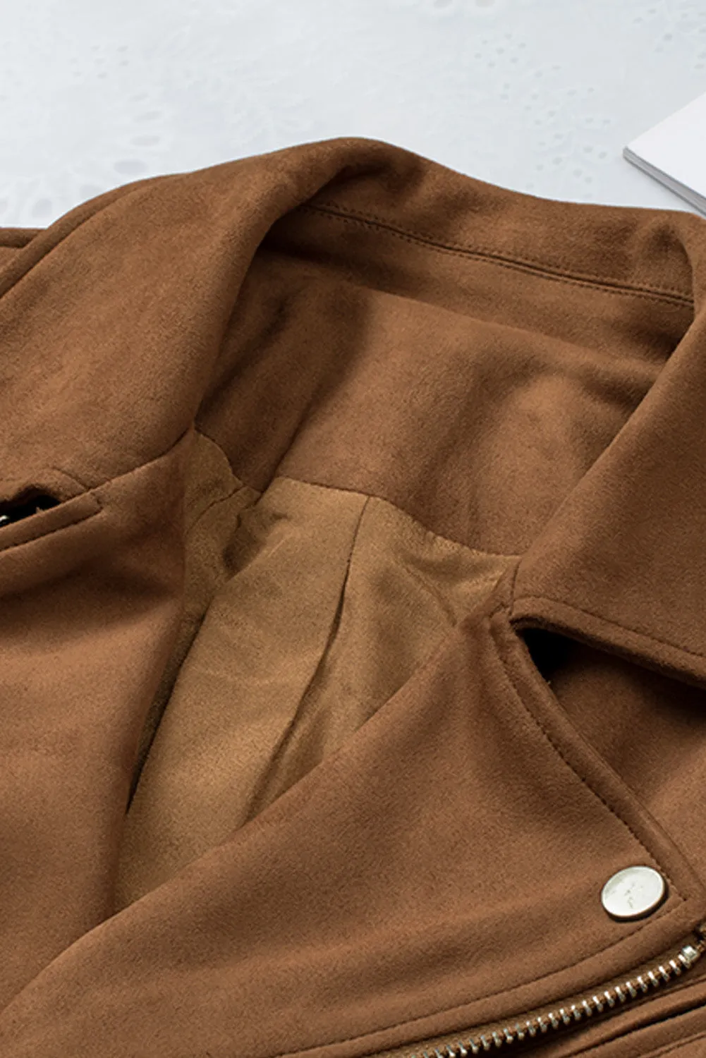 Brown Vegan Suede Zip Detail Moto Jacket