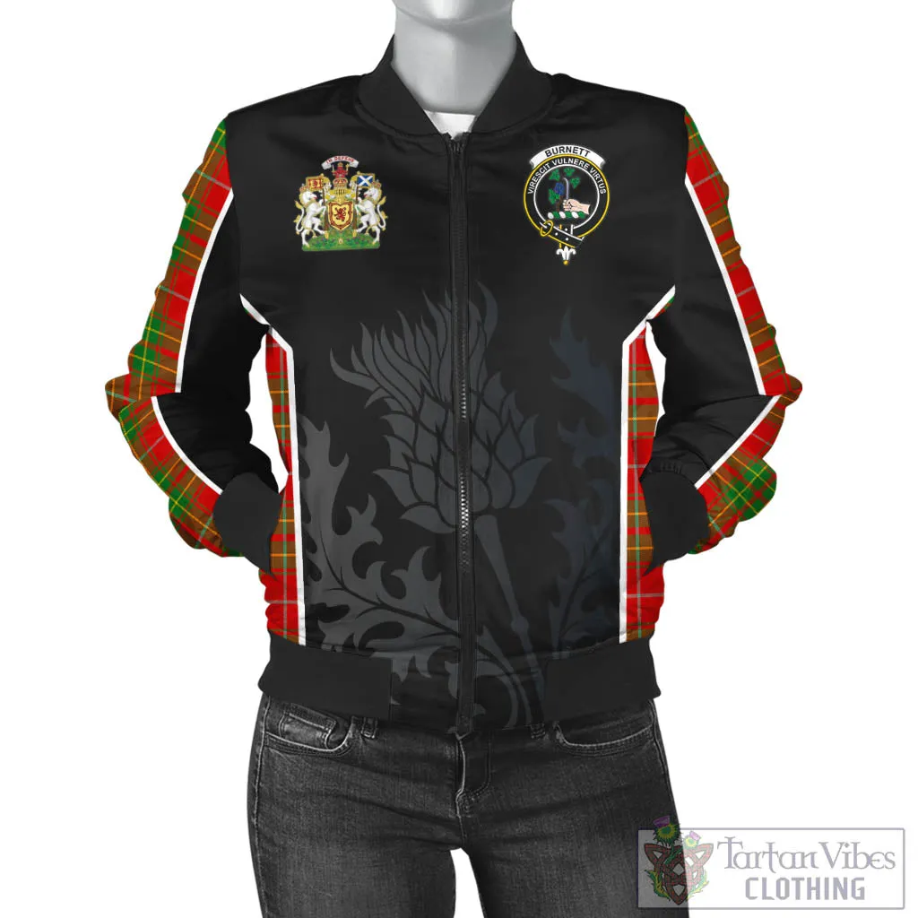 Burnett Tartan Bomber Jacket with Family Crest and Scottish Thistle Vibes Sport Style