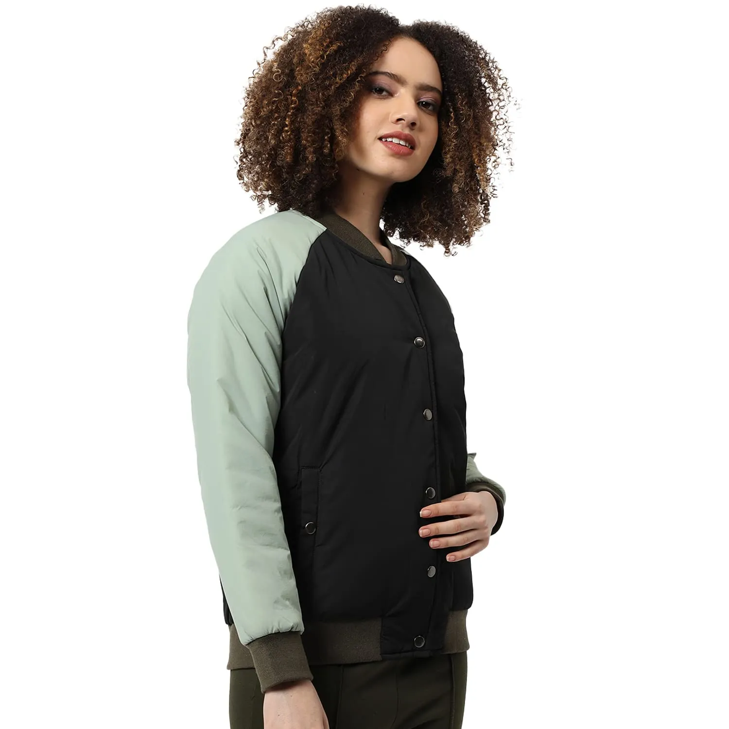 Campus Sutra Women Light Green & Black Puffer Regular Fit Bomber Jacket For Winter Wear | Low-Cut Standing Collar | Full Sleeve | Zipper | Casual Jacket For Woman & Girl | Stylish Jacket For Women