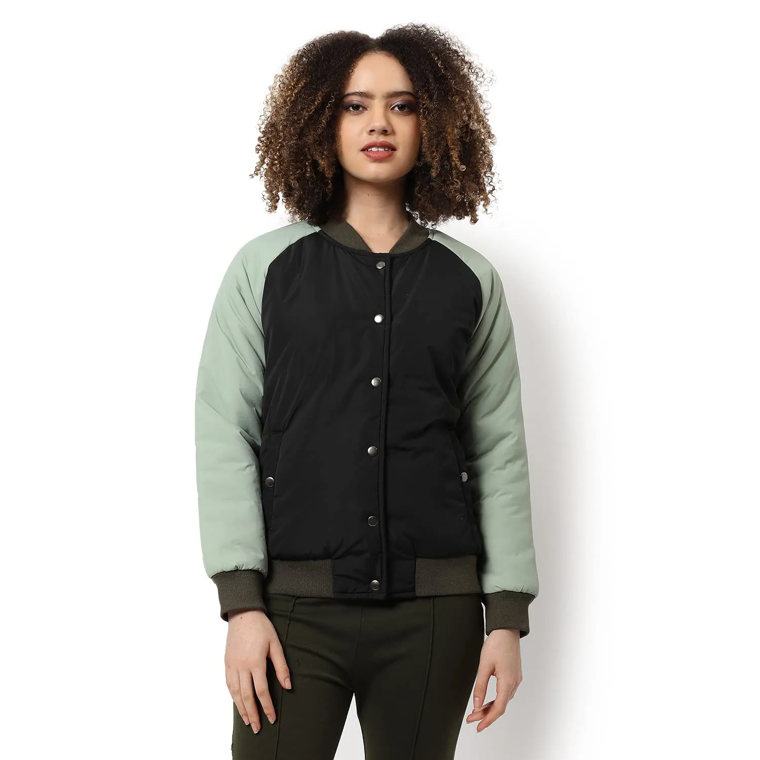 Campus Sutra Women Light Green & Black Puffer Regular Fit Bomber Jacket For Winter Wear | Low-Cut Standing Collar | Full Sleeve | Zipper | Casual Jacket For Woman & Girl | Stylish Jacket For Women