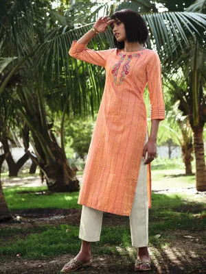 Classy Tangerine Floral Cotton Kurti With Embroidery