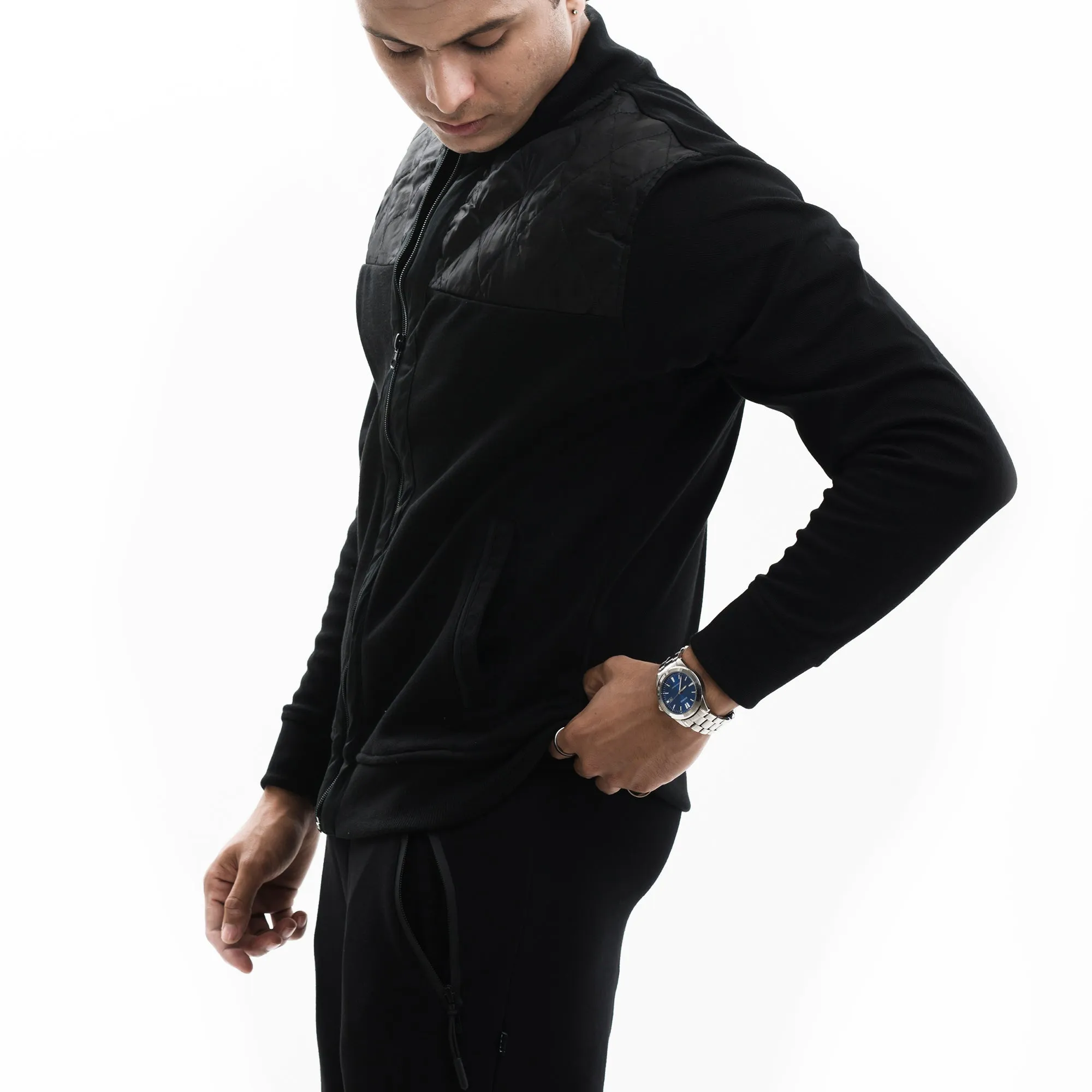 Contrast Quilted Jacket-Black