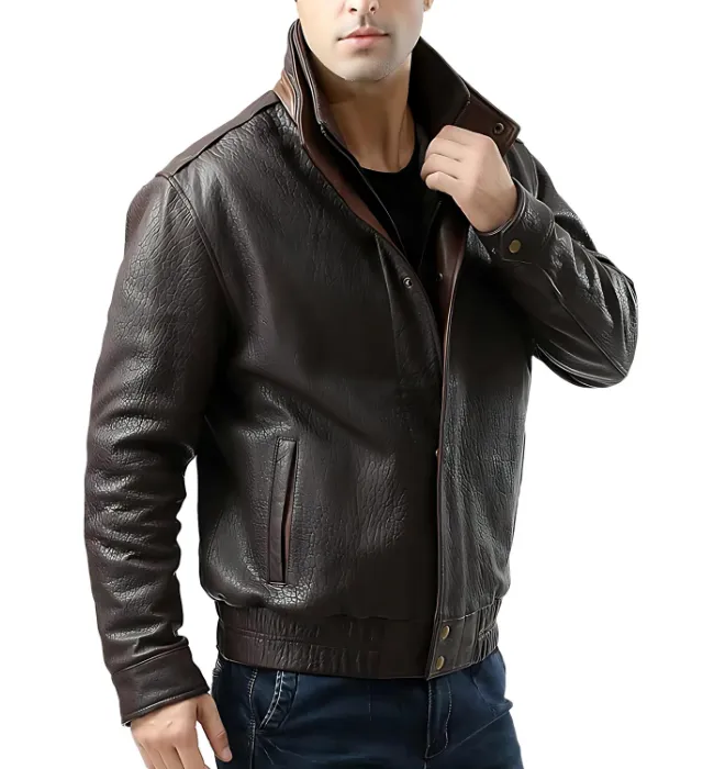 Dark Brown Double Collar Bomber Leather Jacket for Mens