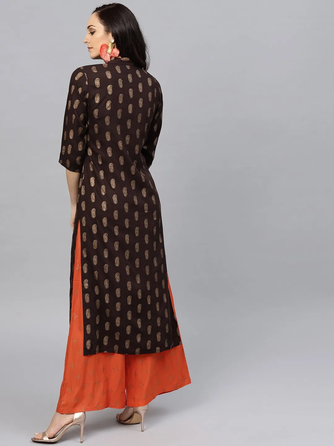 Dark Brown printed Kurta set with Orange printed Palazzo