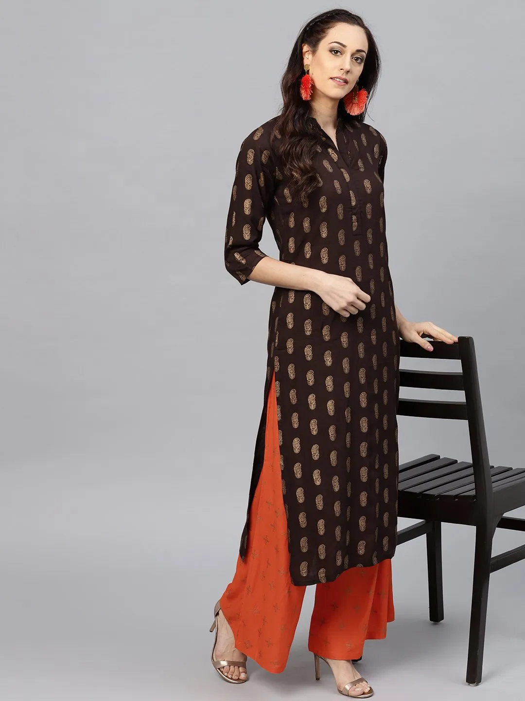 Dark Brown printed Kurta set with Orange printed Palazzo