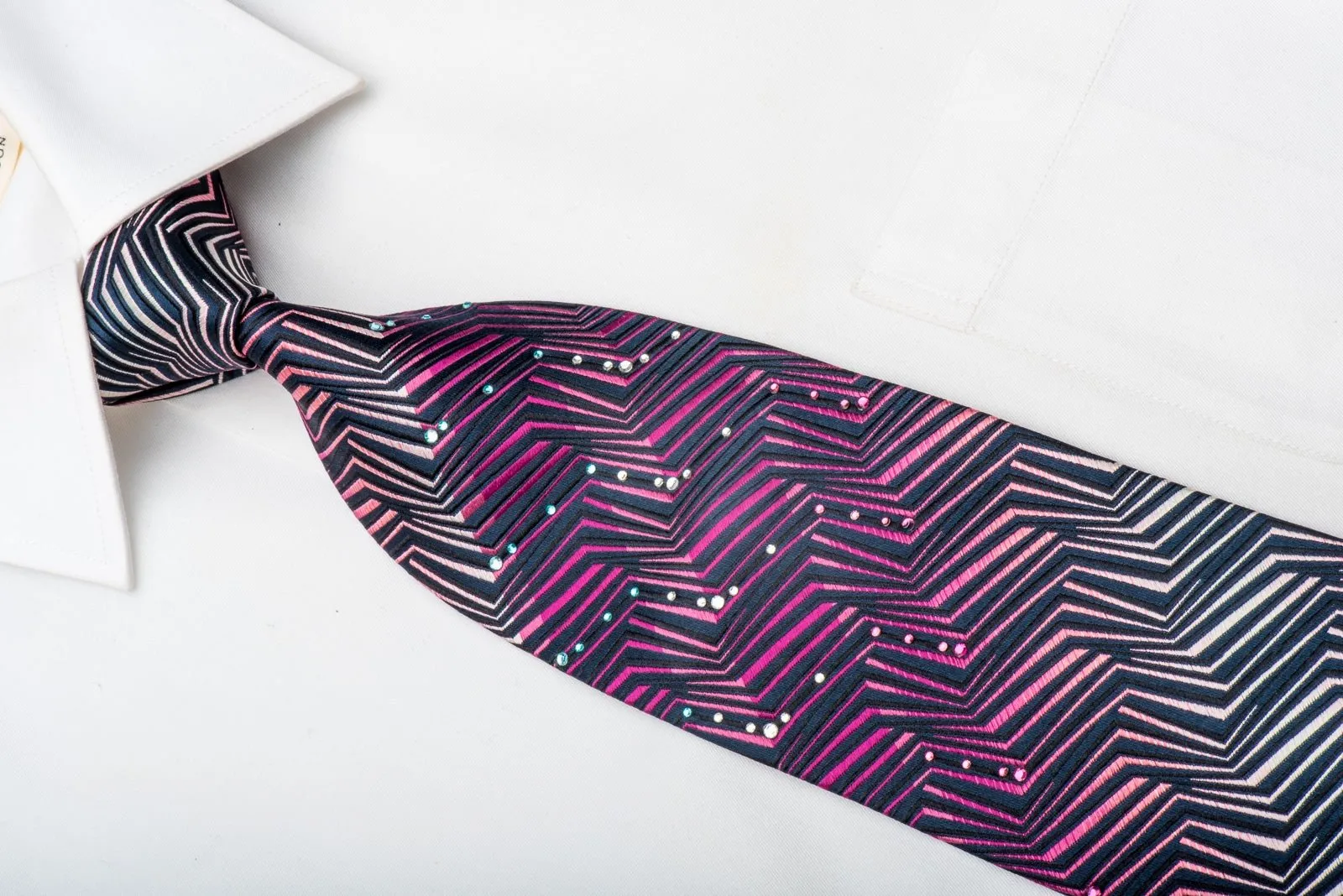 Elegance Men's Silk Necktie Purple ZigZag Striped Sparkling With Crystal Rhinestones