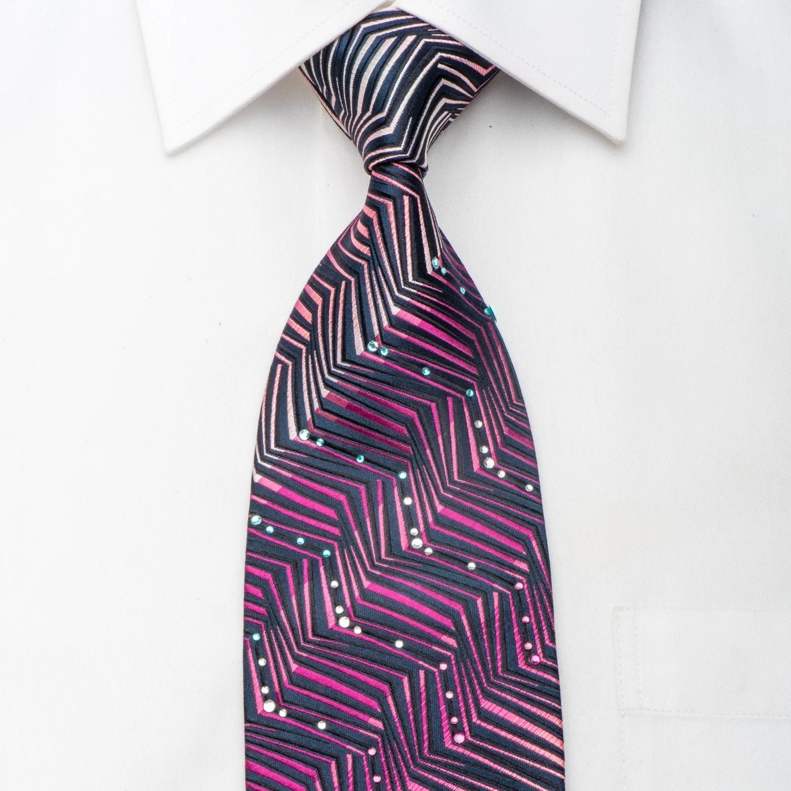 Elegance Men's Silk Necktie Purple ZigZag Striped Sparkling With Crystal Rhinestones