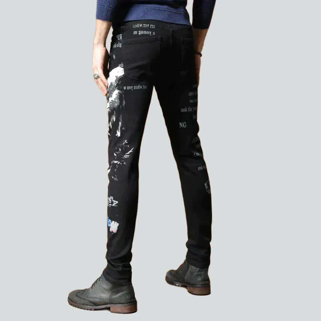 Embroidered black elastic men's jeans