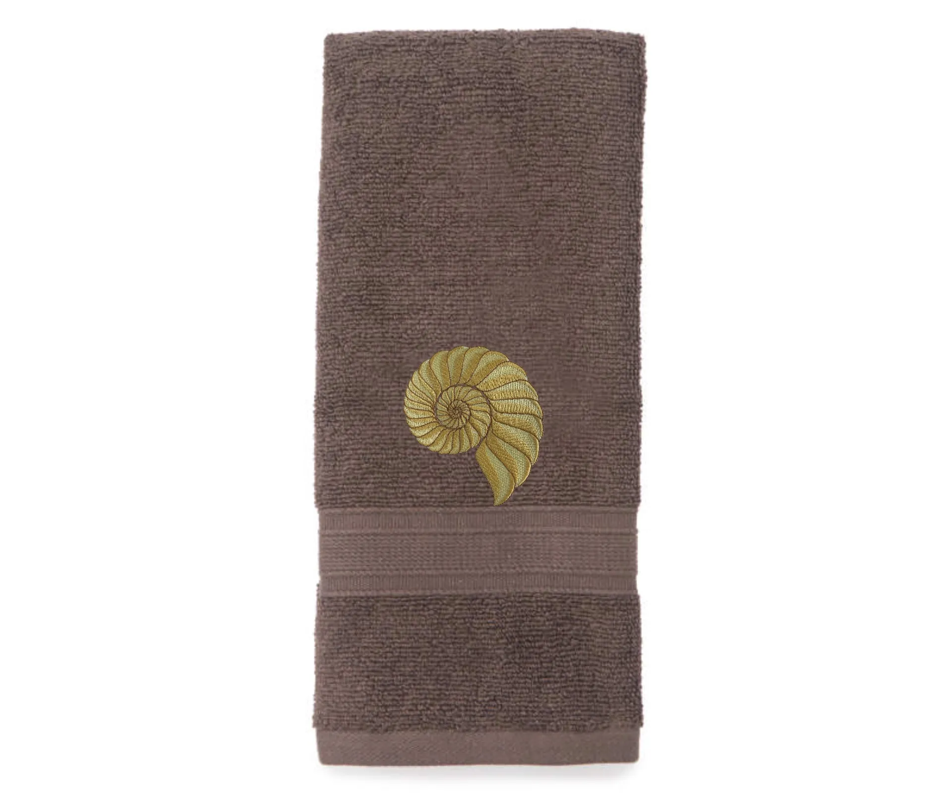 Embroidered Nautilus Shell Hand Towel. Elegant Nautilus in Beige or Green Embroidery with choice of towel color