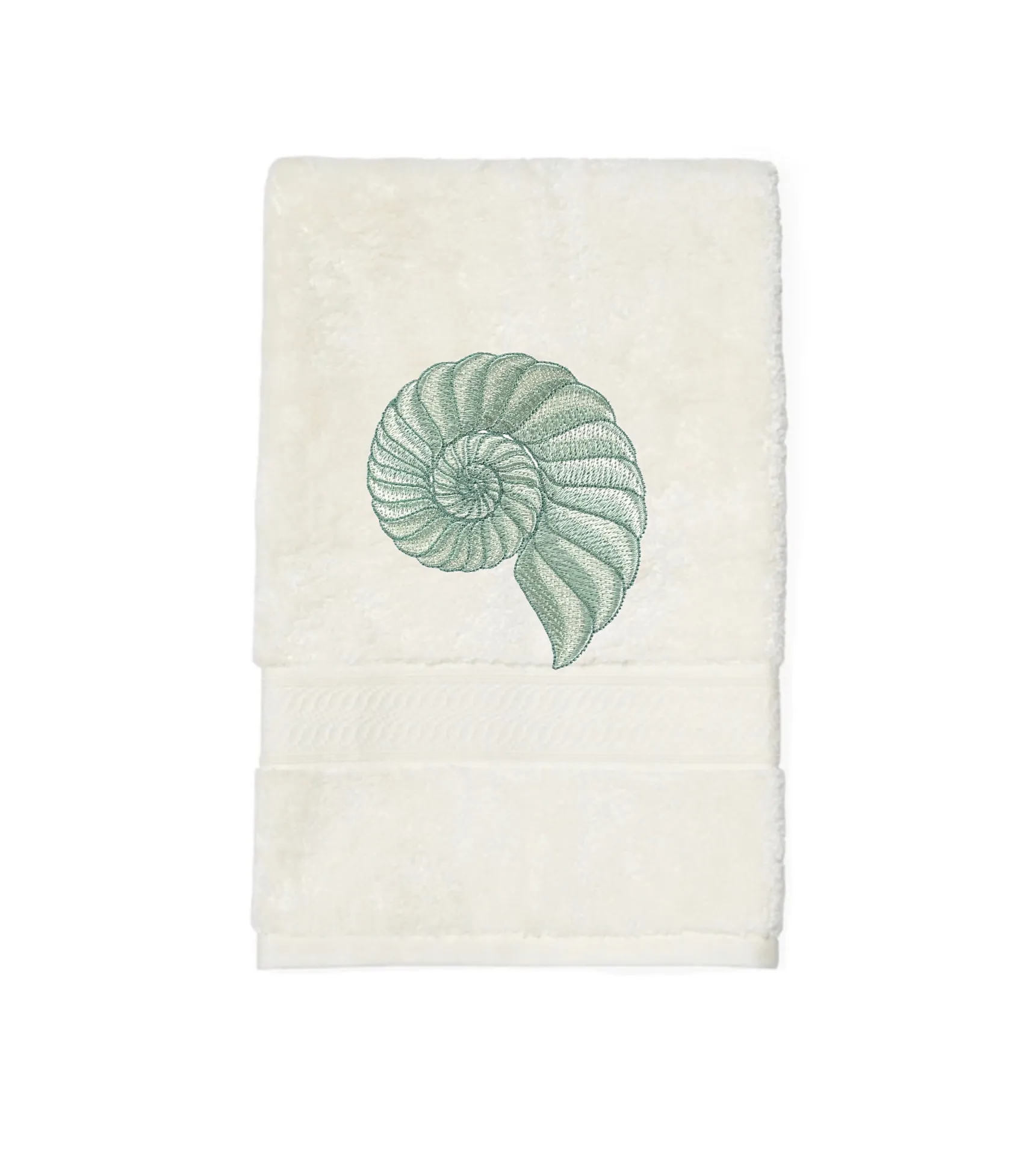 Embroidered Nautilus Shell Hand Towel. Elegant Nautilus in Beige or Green Embroidery with choice of towel color