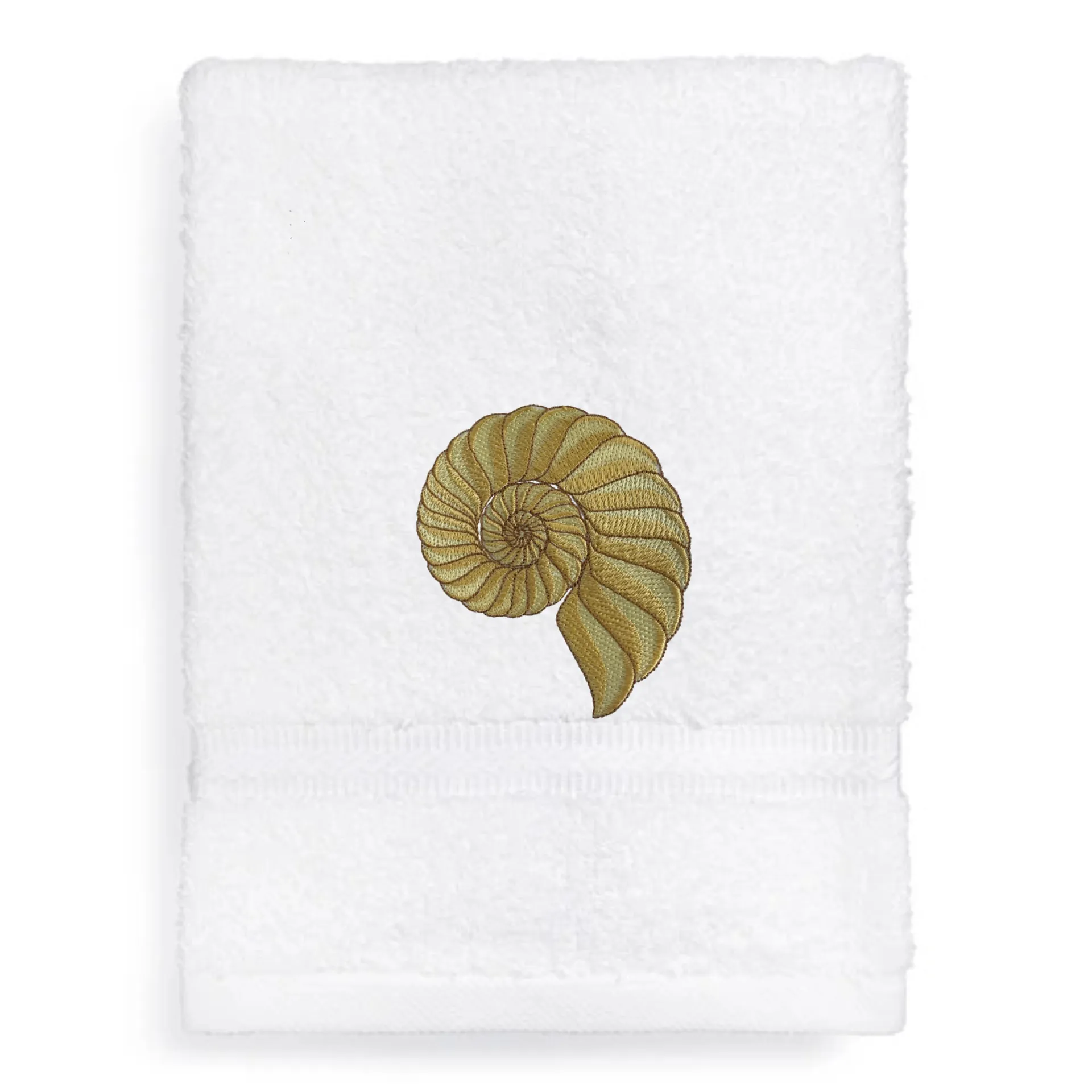 Embroidered Nautilus Shell Hand Towel. Elegant Nautilus in Beige or Green Embroidery with choice of towel color