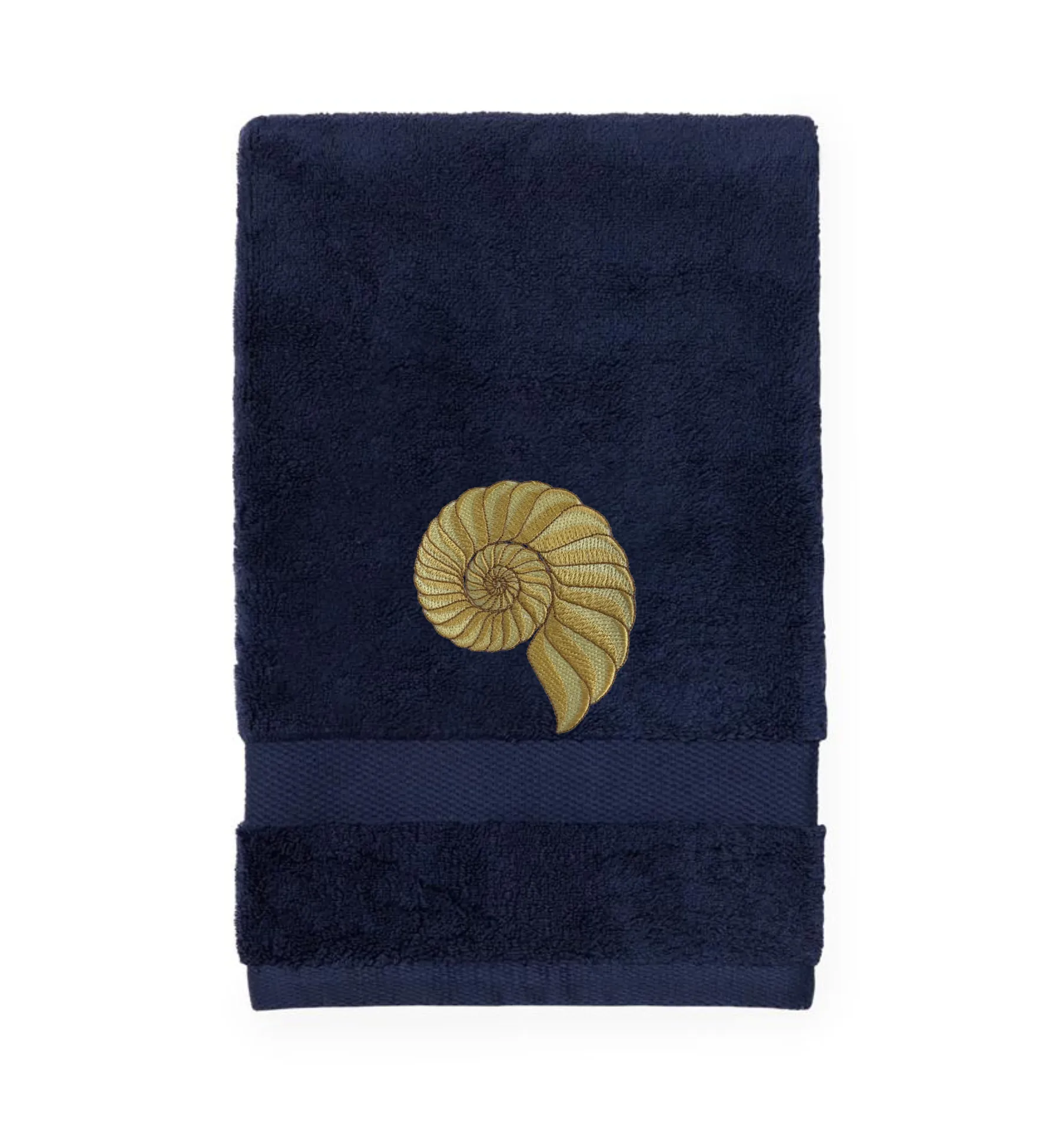 Embroidered Nautilus Shell Hand Towel. Elegant Nautilus in Beige or Green Embroidery with choice of towel color