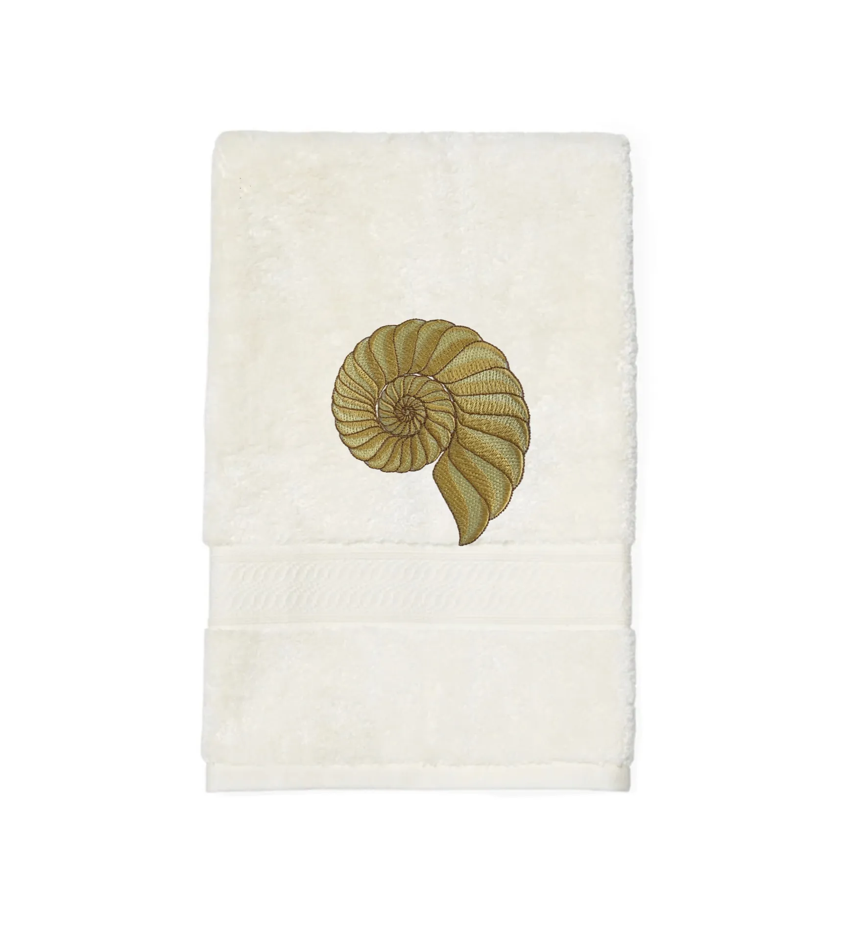 Embroidered Nautilus Shell Hand Towel. Elegant Nautilus in Beige or Green Embroidery with choice of towel color