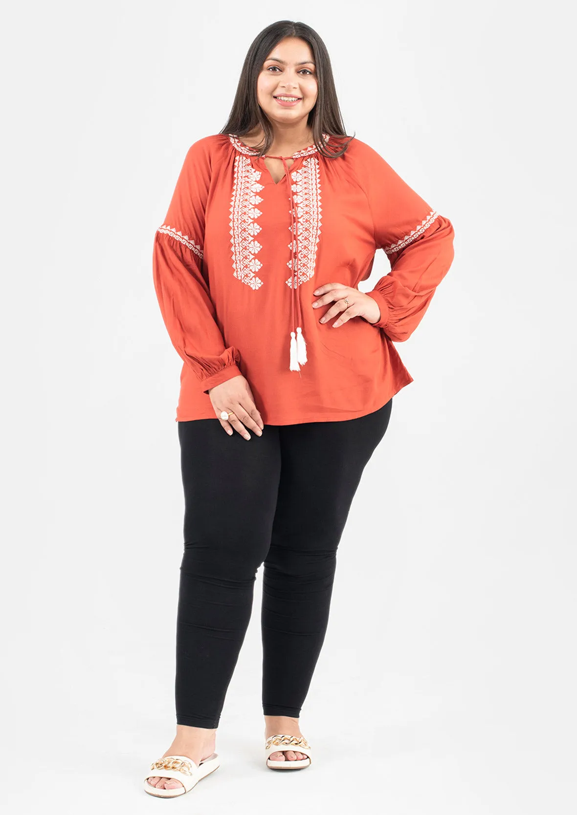 Embroidered Top With Balloon Sleeves