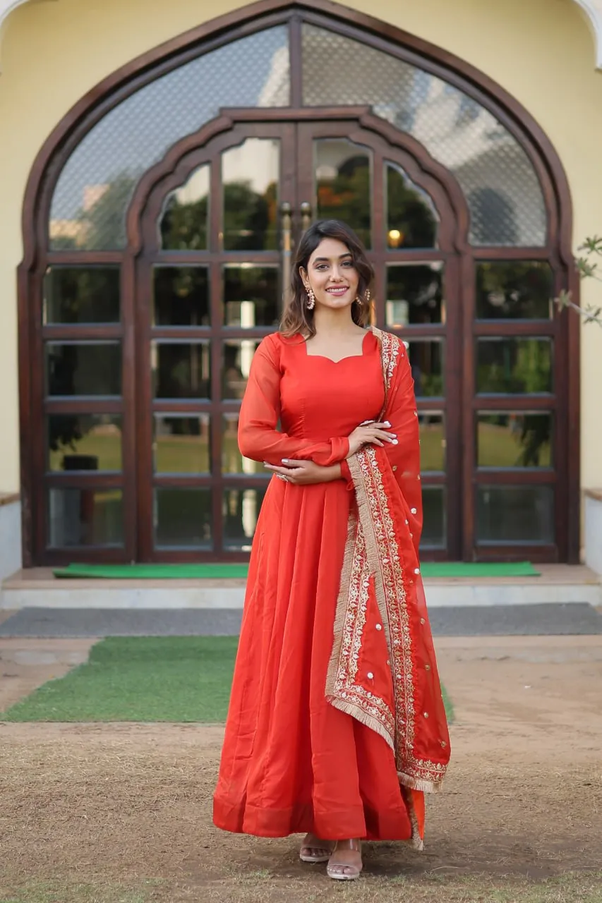 Enchanting Orange Russian Silk Gown-Dupatta Set with Exquisite Sequined Embroidery and Lace Border