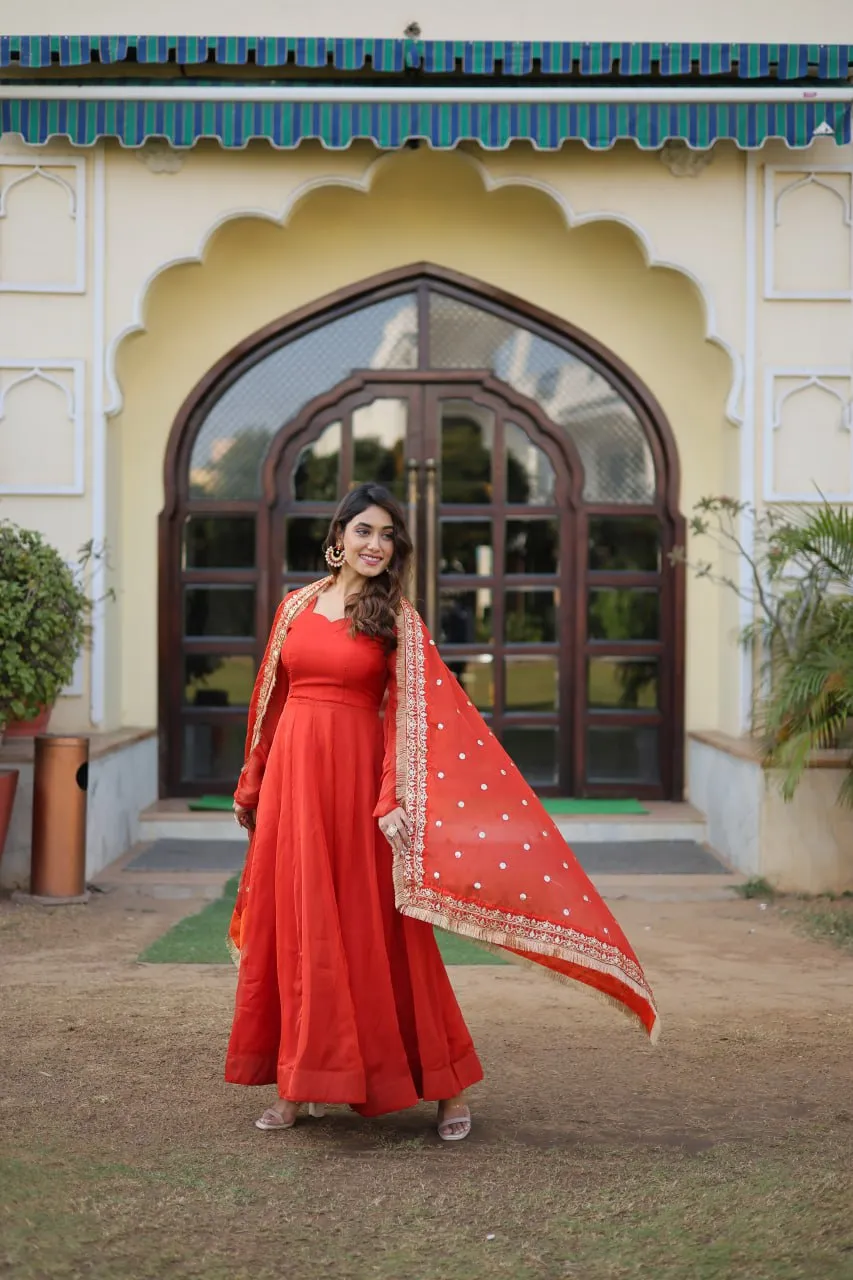 Enchanting Orange Russian Silk Gown-Dupatta Set with Exquisite Sequined Embroidery and Lace Border