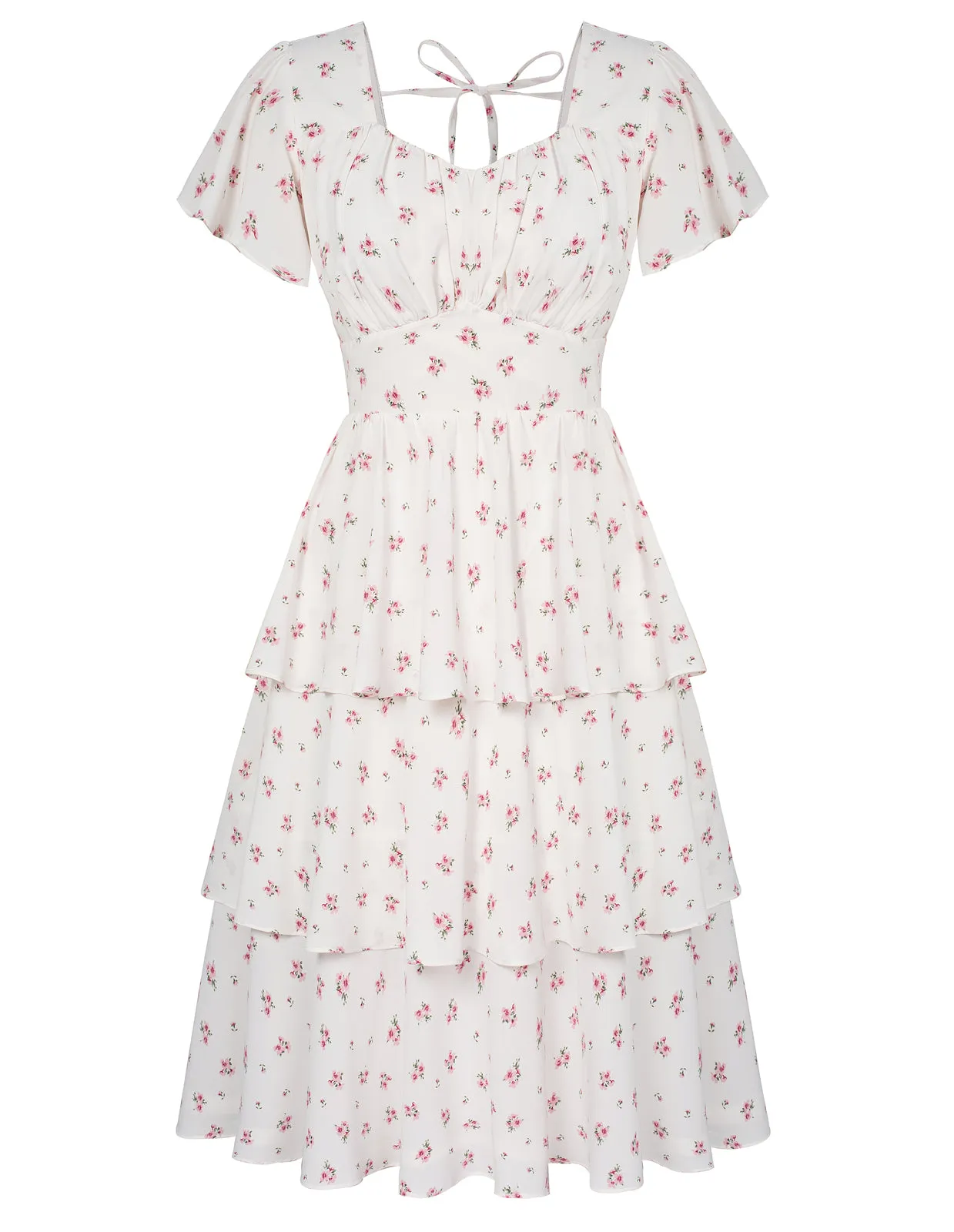 Floral Print Square Neck Tiered Ruffle Dress 2023 Summer Vintage A-line Swing Midi Dress