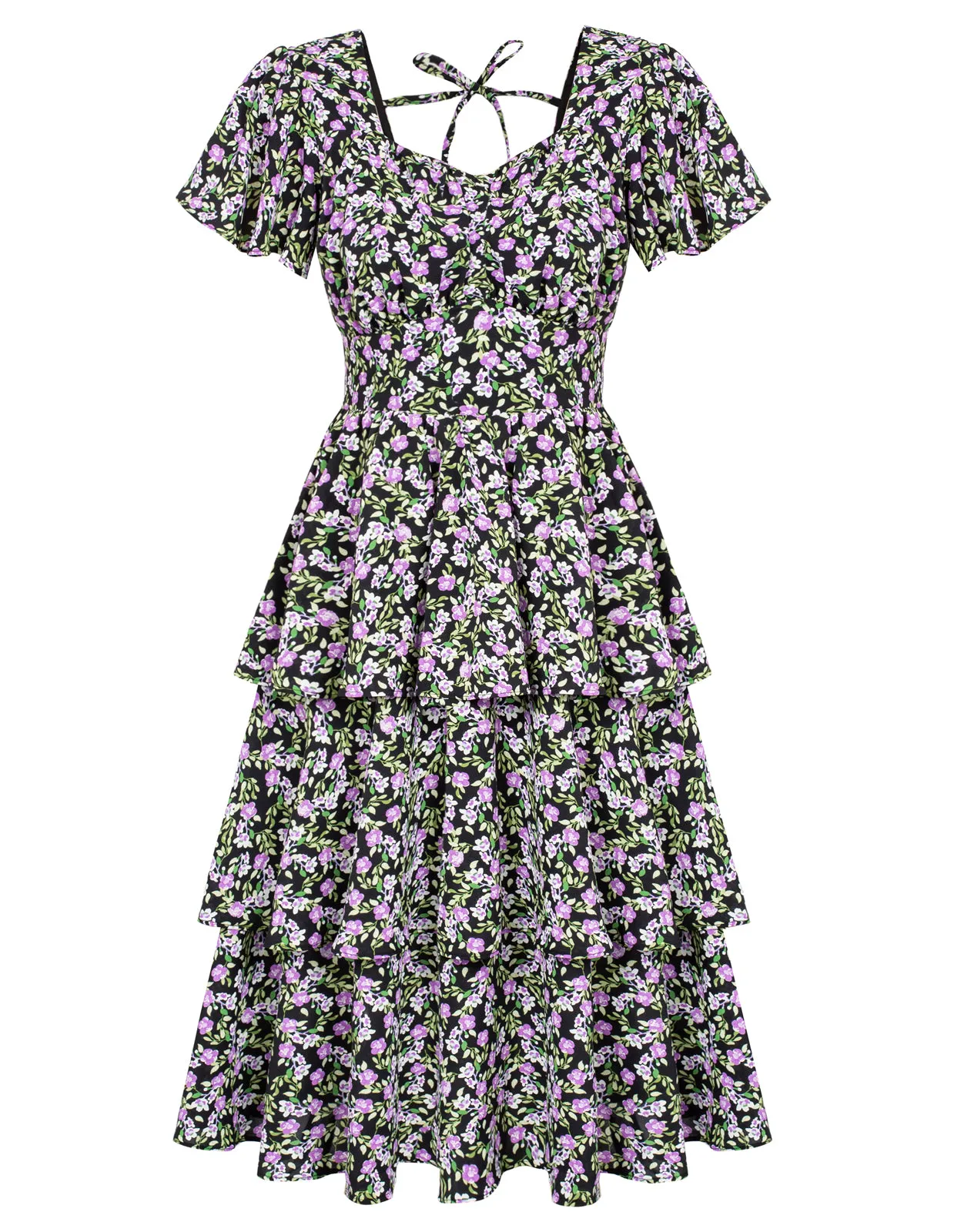 Floral Print Square Neck Tiered Ruffle Dress 2023 Summer Vintage A-line Swing Midi Dress