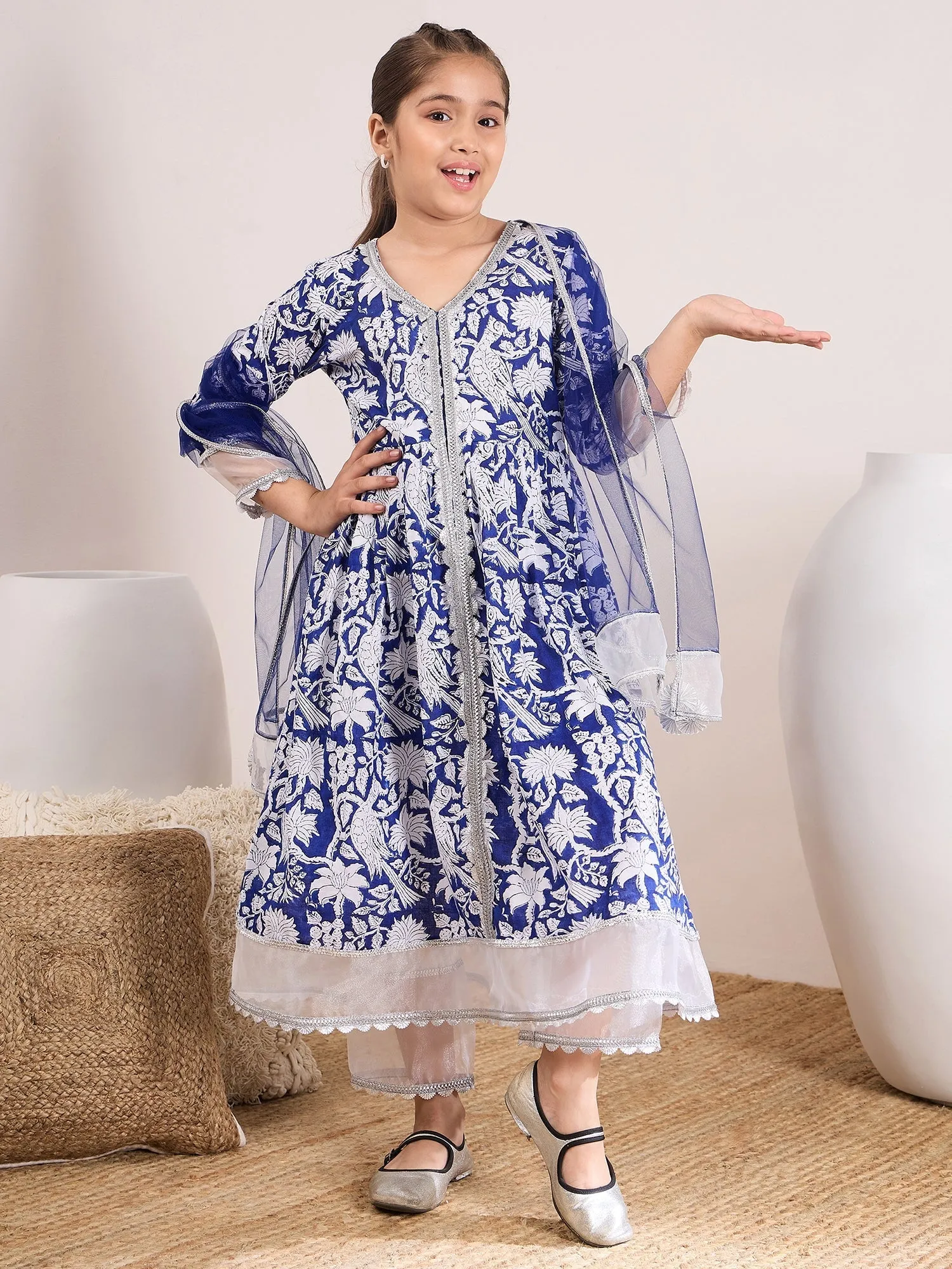 Girls Ethnic Motifs Printed Regular Gotta Patti Pure Cotton Kurta With Palazzos & With Dupatta - PS Peaches