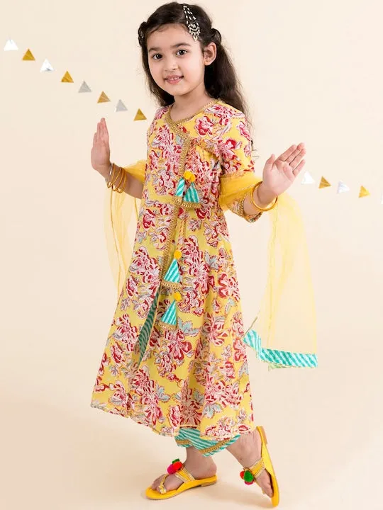 Girls Yellow Floral Printed Angrakha Pure Cotton Kurta With Trousers With Dupatta - Ps Peaches