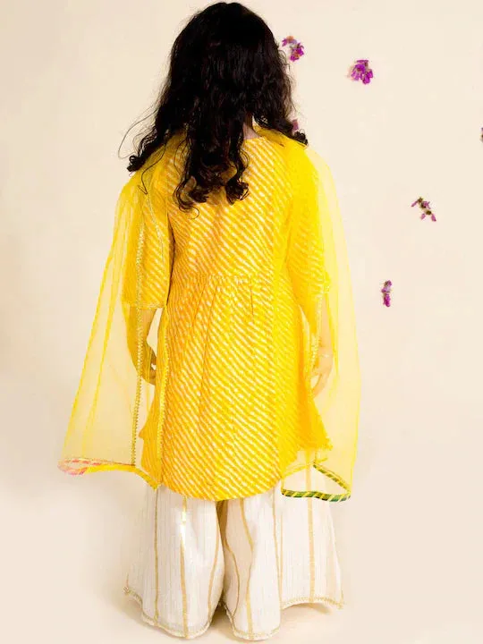 Girls Yellow Floral Printed Angrakha Pure Cotton Kurta With Trousers With Dupatta - Ps Peaches