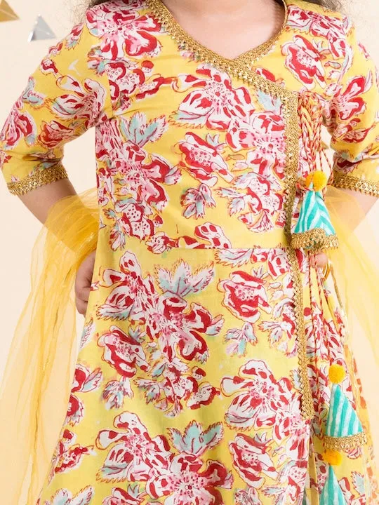 Girls Yellow Floral Printed Angrakha Pure Cotton Kurta With Trousers With Dupatta - Ps Peaches