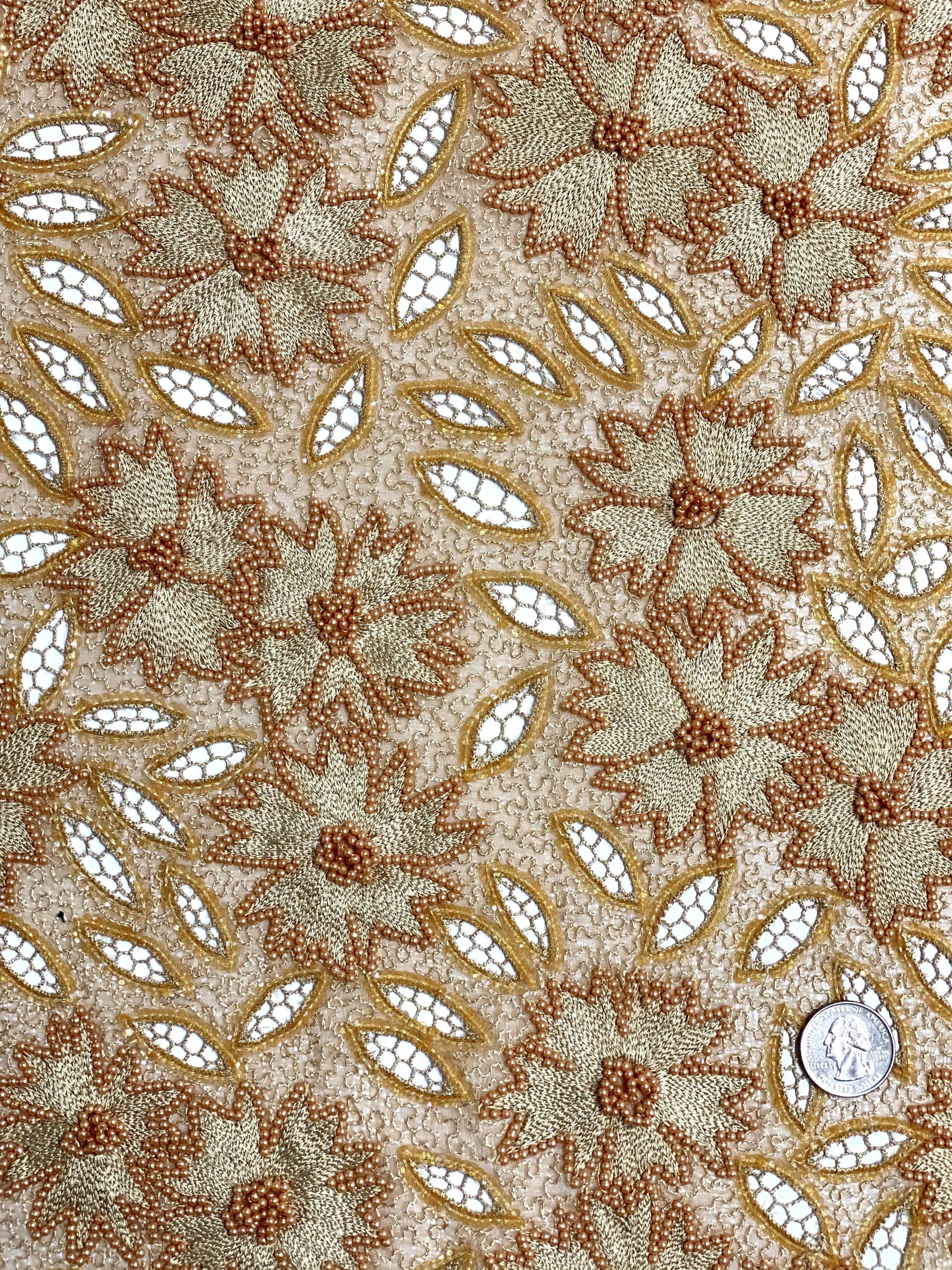 Gold Sequin & Beads On Silk Chiffon JEC-114 Fabric