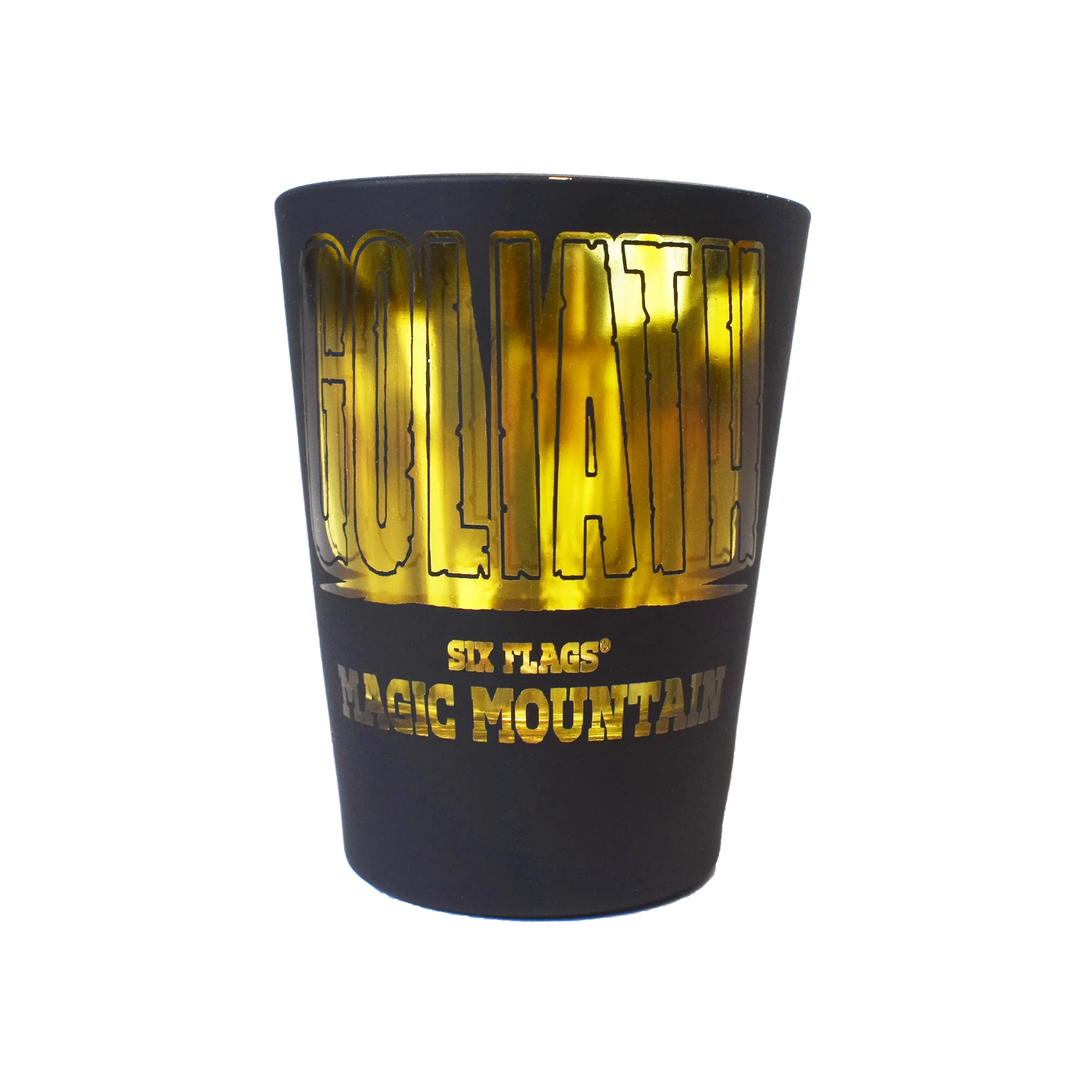 GOLIATH MATTE BLACK SHOT GLASS (SIX FLAGS MAGIC MOUNTAIN)