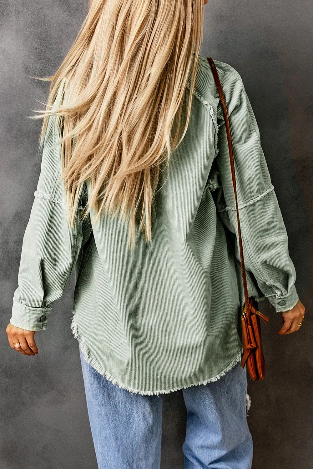 Green Frayed Boyfriend Corduroy Shacket