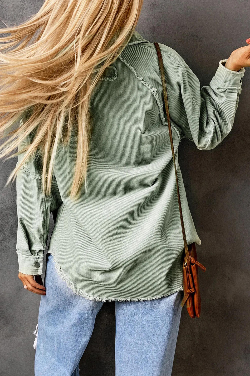 Green Frayed Boyfriend Corduroy Shacket