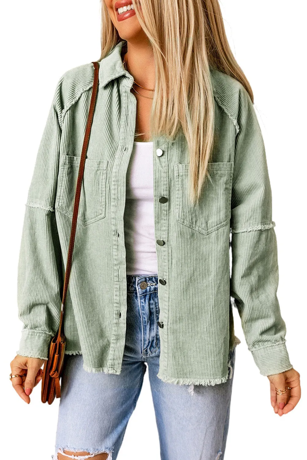 Green Frayed Boyfriend Corduroy Shacket