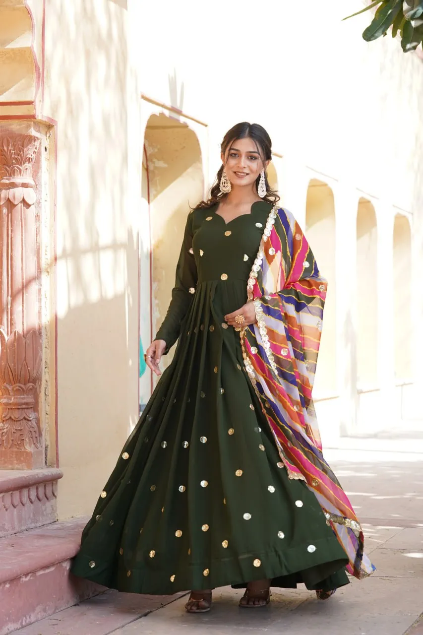 Green Premium Designer Readymade Gown with Embroidered Zari & Sequins