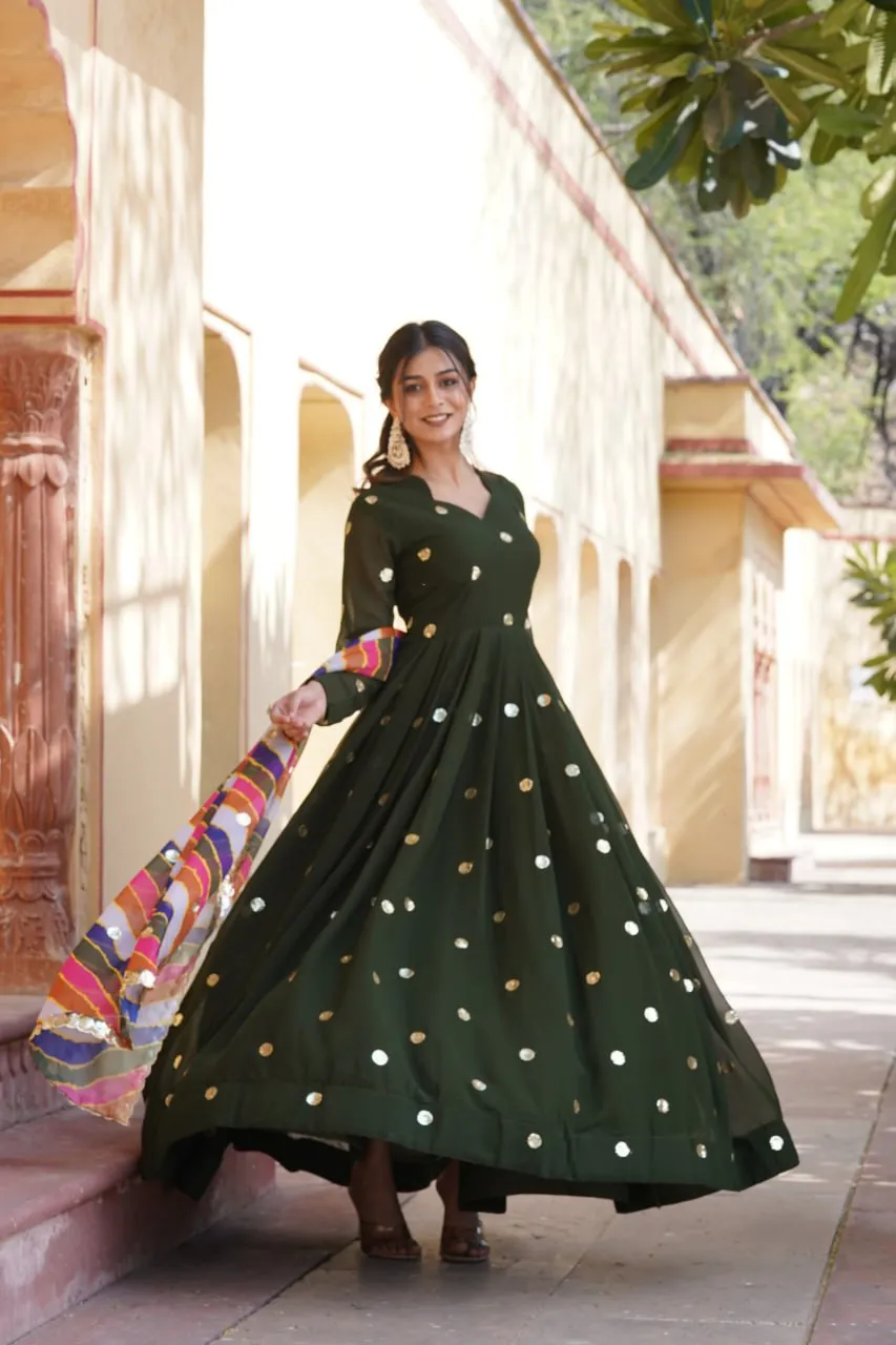 Green Premium Designer Readymade Gown with Embroidered Zari & Sequins