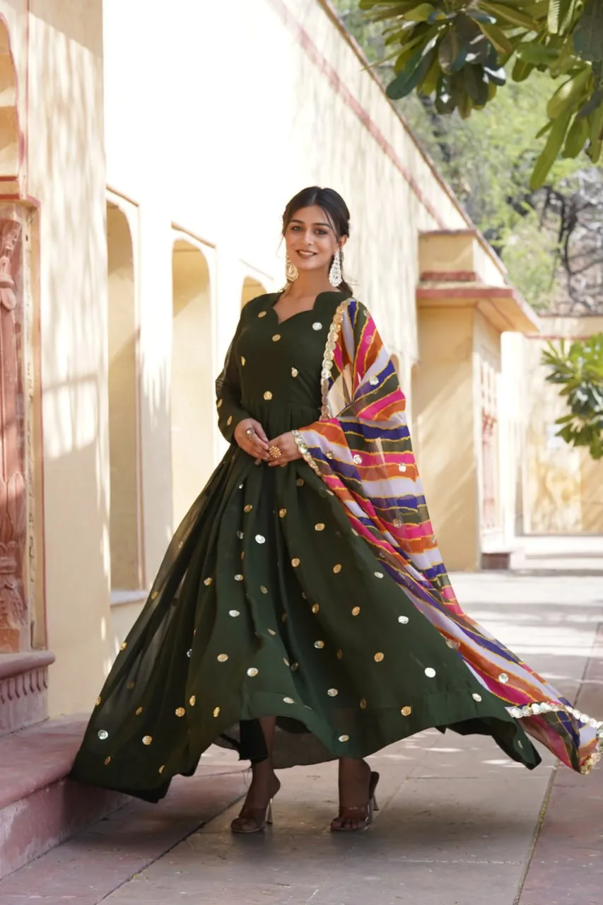 Green Premium Designer Readymade Gown with Embroidered Zari & Sequins