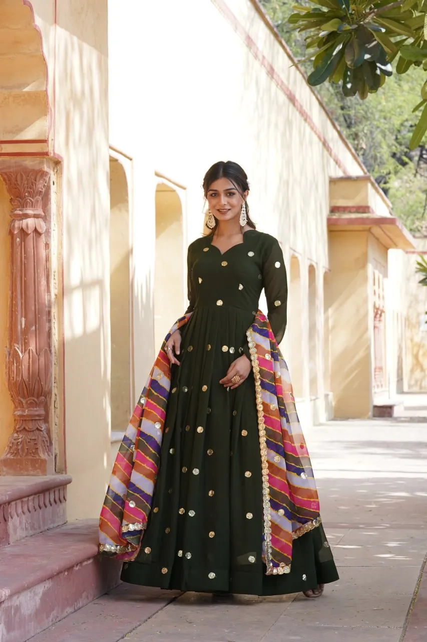 Green Premium Designer Readymade Gown with Embroidered Zari & Sequins